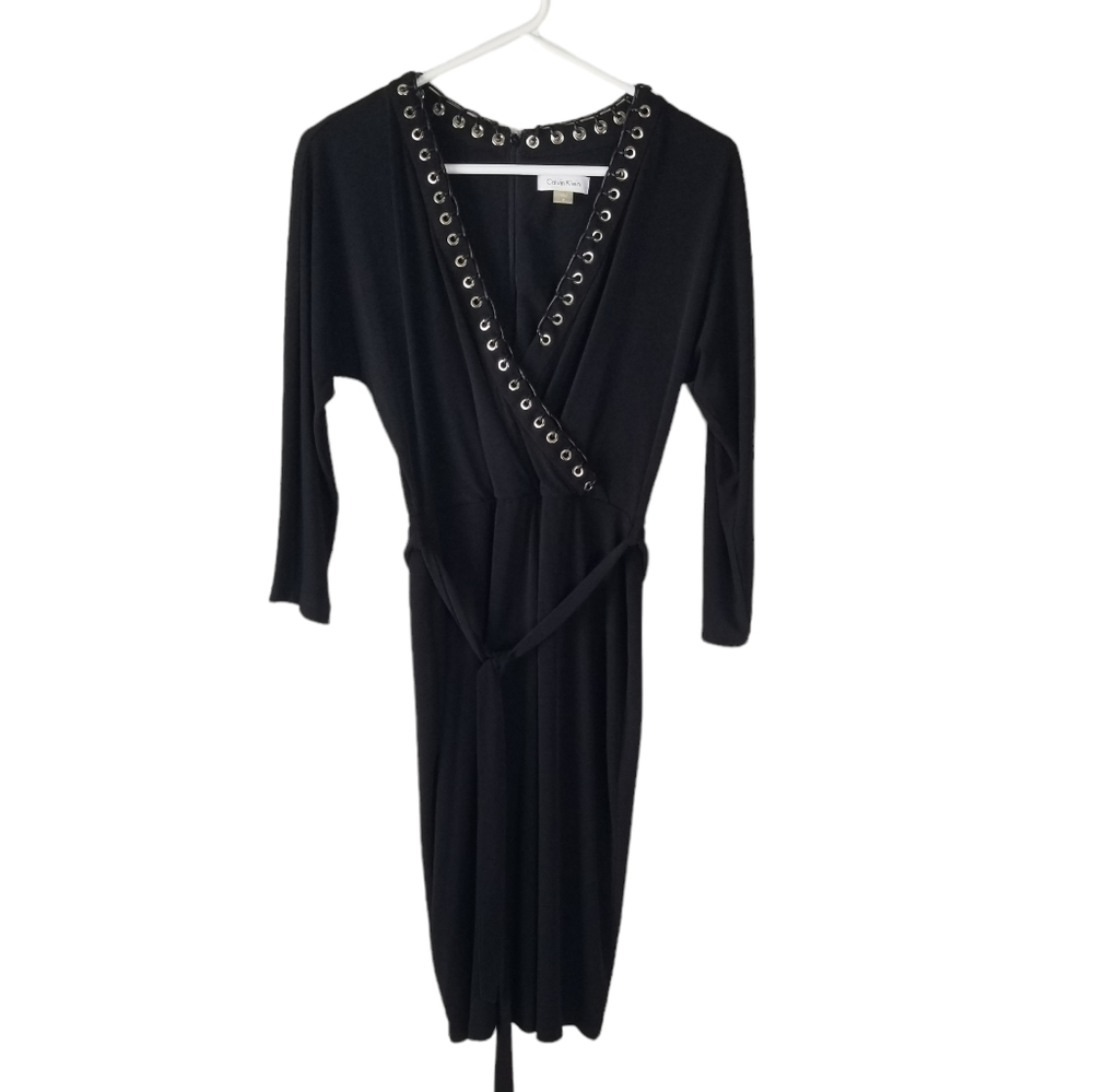 Calvin Klein Black Faux Wrap Dress with Silver Grommets Leather Trim Size 2